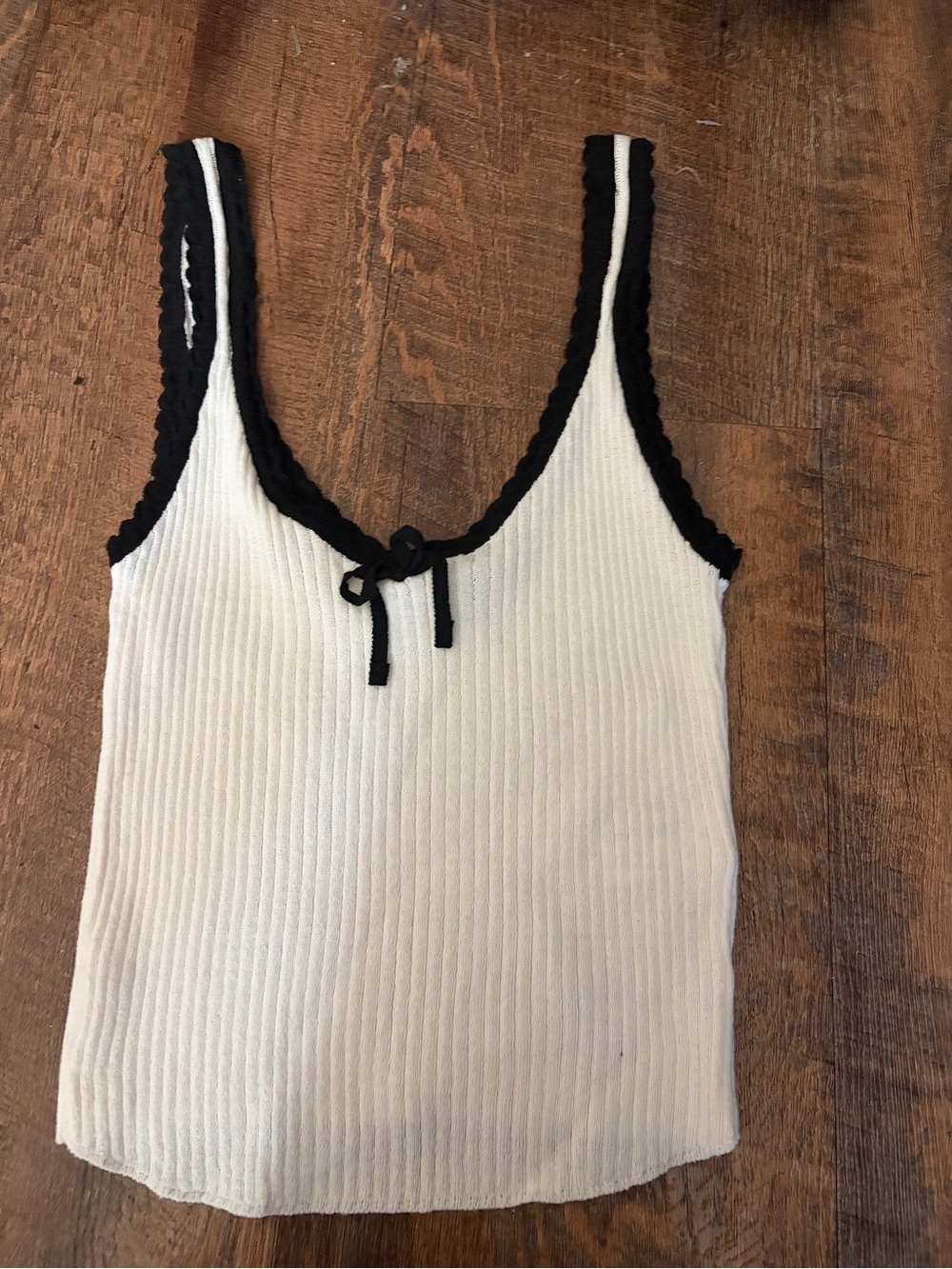 Zara Cream Ribbed Tank with Black Trim and Front Tie